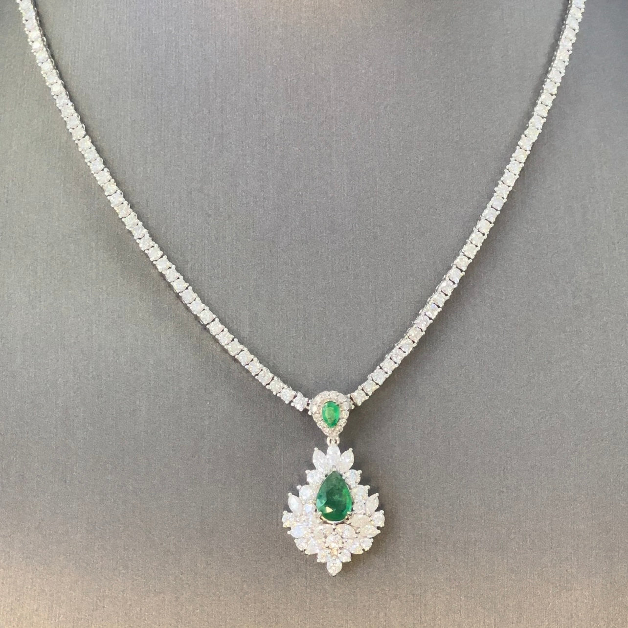 SPECIAL! 2.55ct G SI 14K White Gold Diamond & 2 Emerald Gemstones Pendant (DPD-6065-1) & 5.76ct G SI 14K White Gold Adjustable Tennis Necklace 14"+2" Long (DPD-5354-2)
