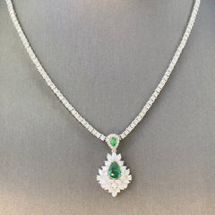 SPECIAL! 2.55ct G SI 14K White Gold Diamond & 2 Emerald Gemstones Pendant (DPD-6065-1) & 5.76ct G SI 14K White Gold Adjustable Tennis Necklace 14"+2" Long (DPD-5354-2)