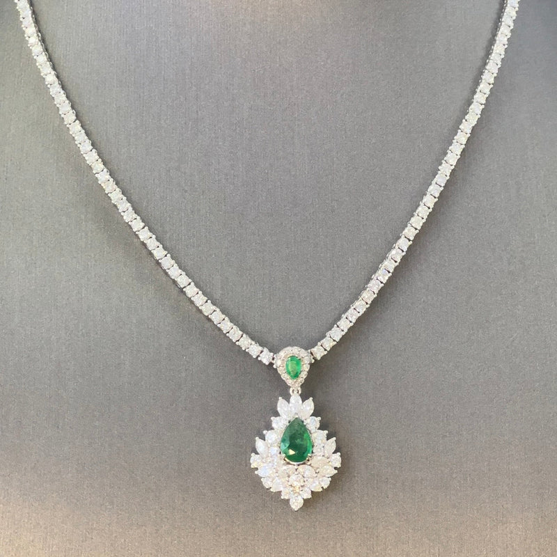 SPECIAL! 2.55ct G SI 14K White Gold Diamond & 2 Emerald Gemstones Pendant (DPD-6065-1) & 5.76ct G SI 14K White Gold Adjustable Tennis Necklace 14"+2" Long (DPD-5354-2)