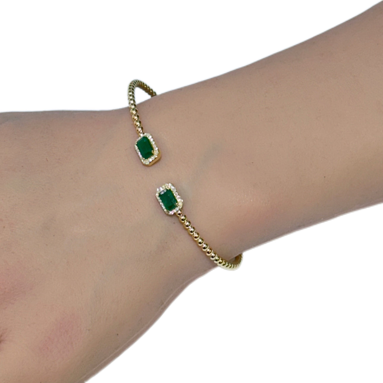 SPECIAL! 1.25ct G SI 14K Yellow Gold Diamond & Emerald Gemstone Open Bangle Bracelet