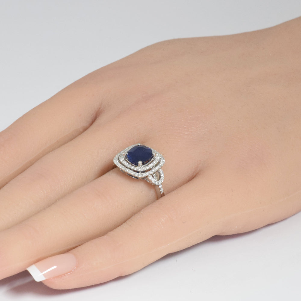 SPECIAL! 2.49ct G SI 14K White Gold Diamond & Blue Sapphire Gemstone Double Halo Ring Size 6.5