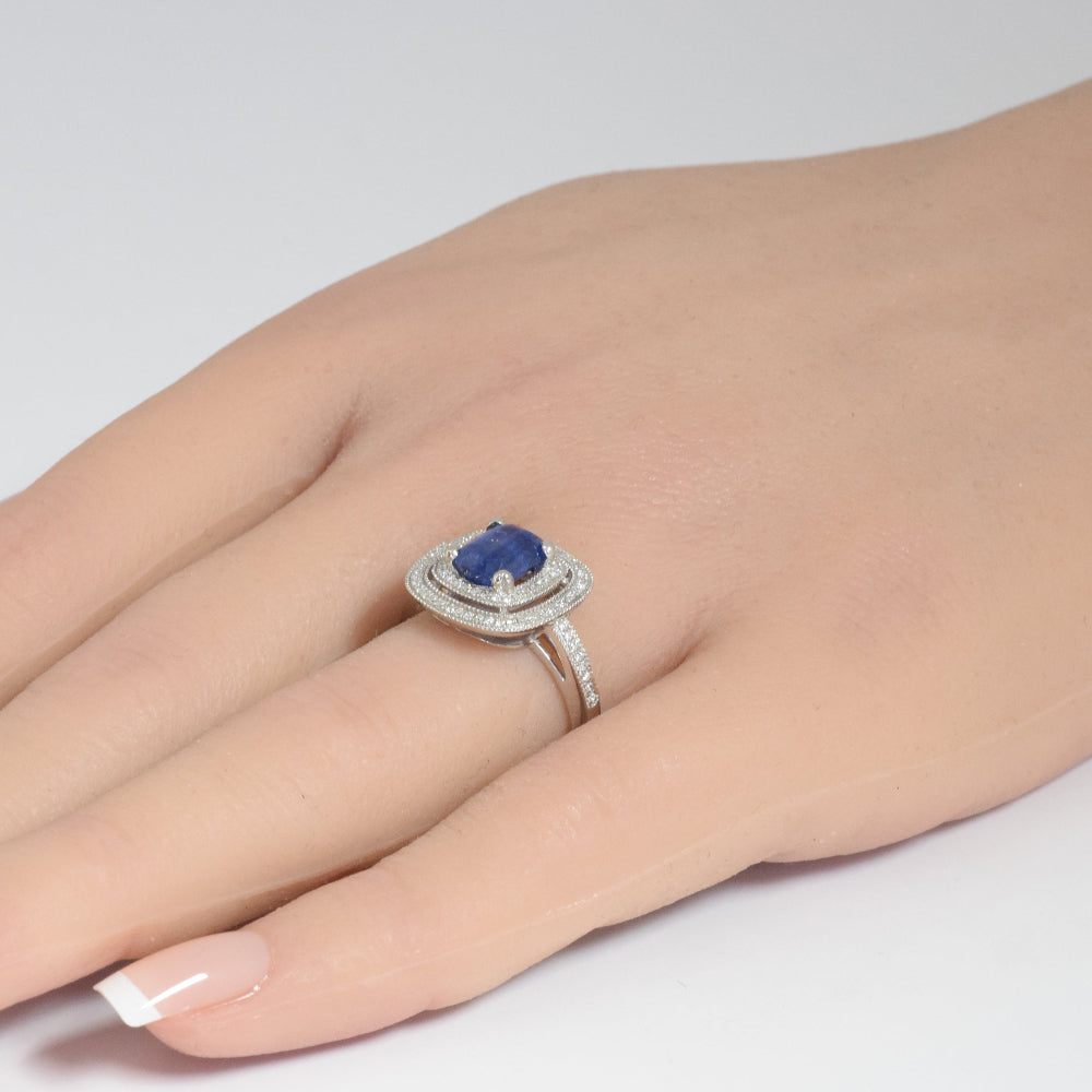 SPECIAL! 2.51ct G SI 14K White Gold Diamond & Blue Sapphire Gemstone Double Halo Ring Size 6.5