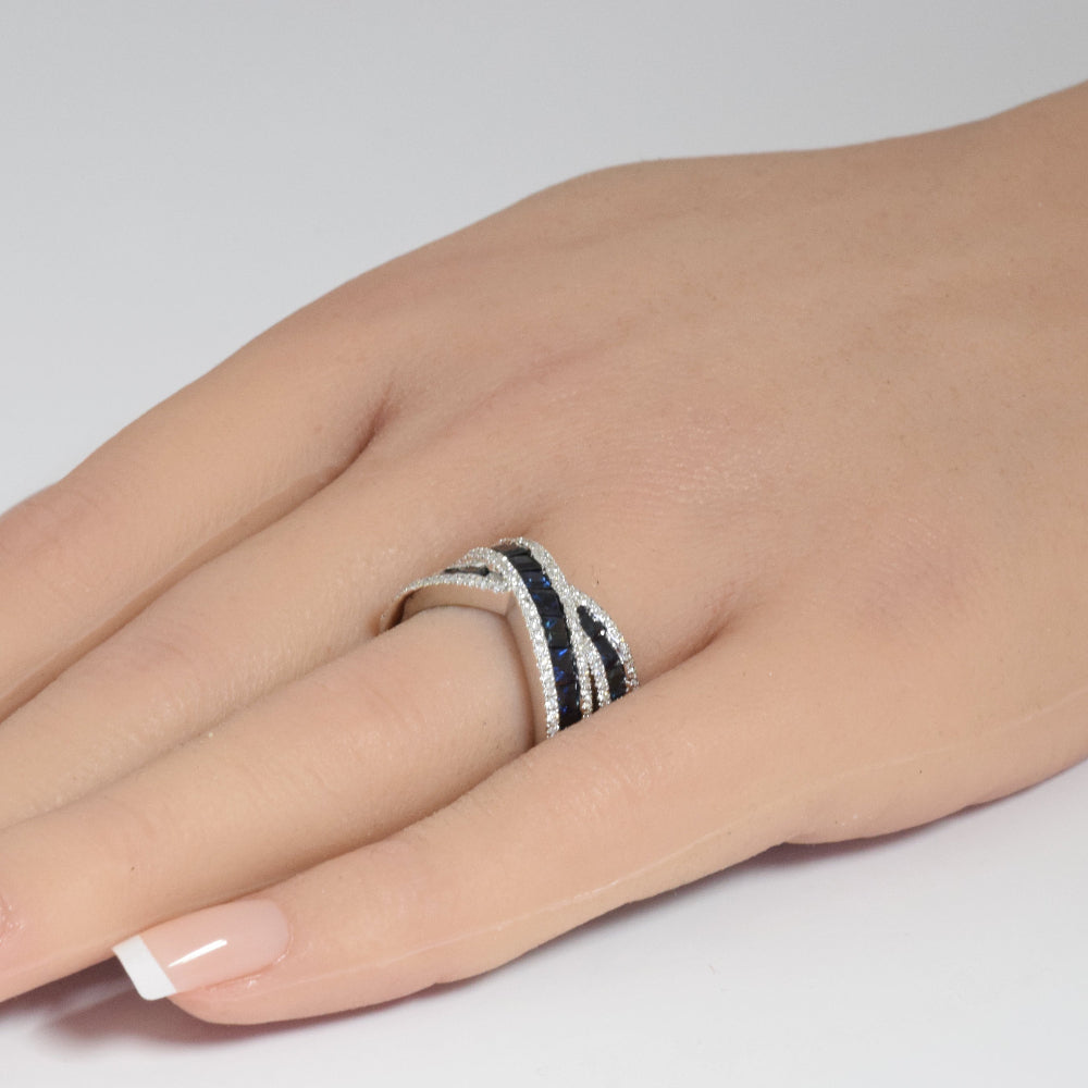 SPECIAL!3.39ct G SI 14K White Gold Diamond & Blue Sapphire Gemstone Criss Cross Ring Size 6.5