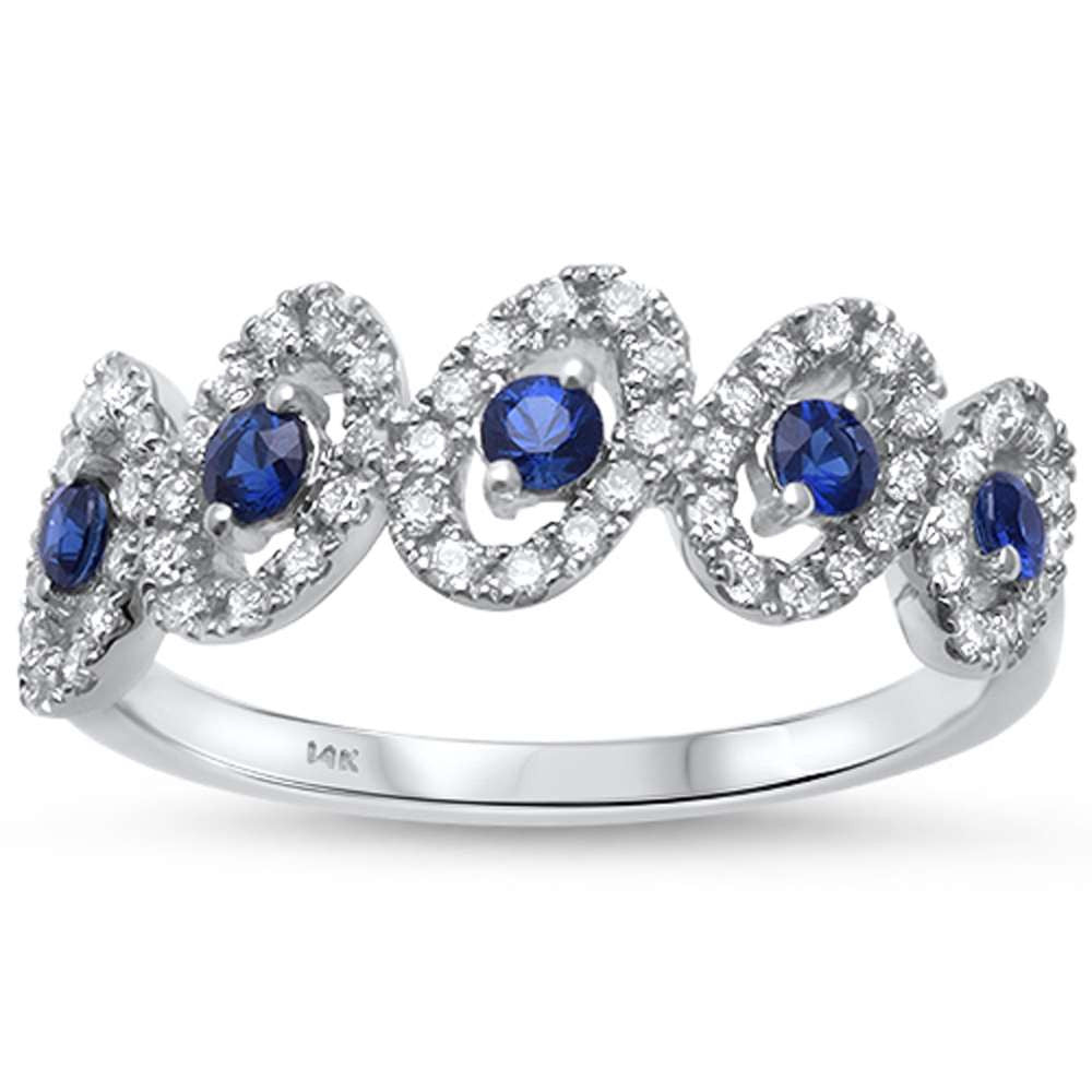 GEMSTONE CLOSEOUT!  0.58ct F SI1 14k White Gold Diamond & Blue Sapphire Band Size 6.5