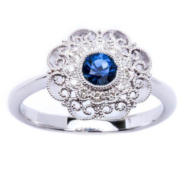 GEMSTONE CLOSEOUT! .43ct Blue Sapphire & Diamond Antique Style 14kt White Gold Gemstone Ring