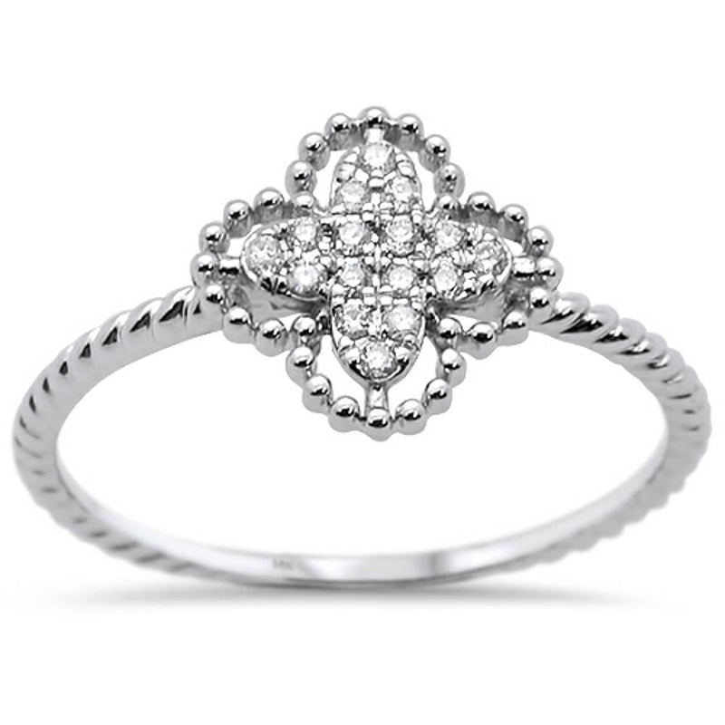 .09ct 14k White Gold Quatrefoil Flower Diamond Ring Size 6.5
