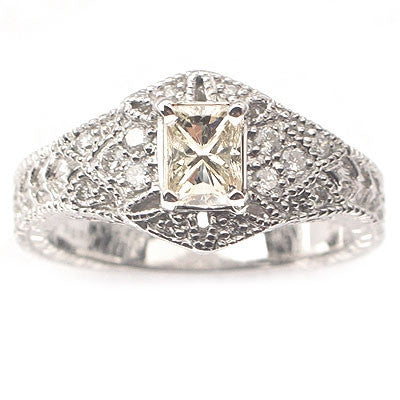 14k White Gold Victorian Style Radiant Diamond Engagement Ring - Size 6.5