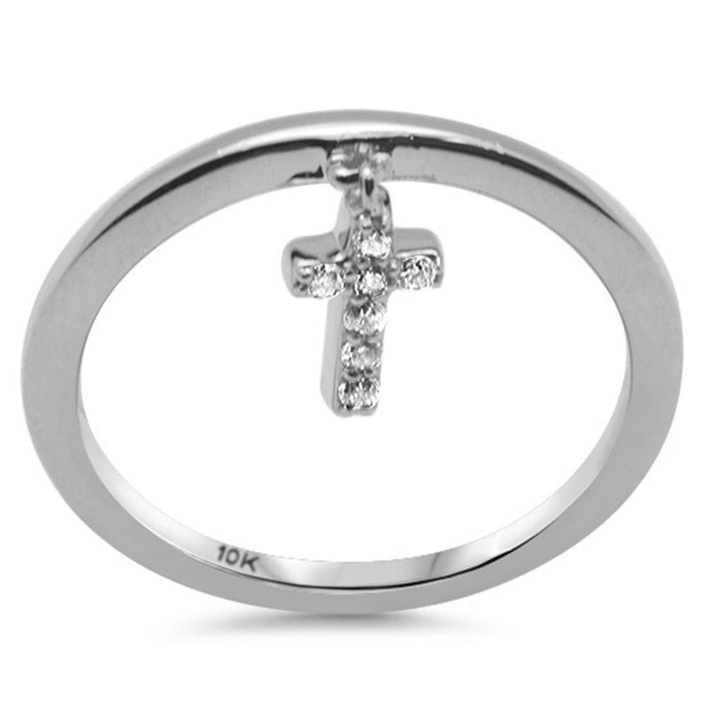 .07ct G SI 10K White Gold Diamond Cross Dangle Ring Band Size 6.5