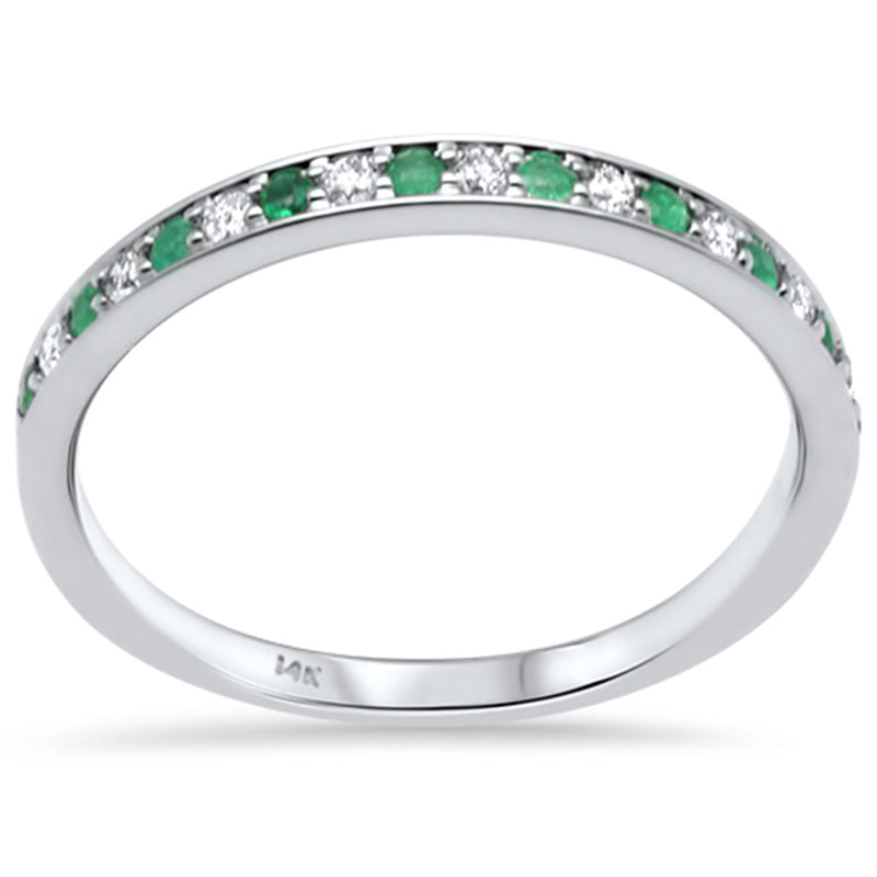 SPECIAL! .22ct G SI 14K White Gold Diamond Emerald Gemstone Band Ring Size 6.5