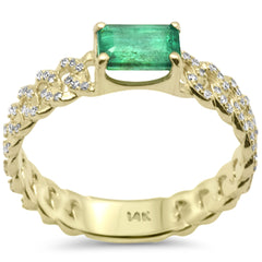 SPECIAL! .67ct G SI 14K Yellow Gold Diamond & Emerald Gemstone Cuban Link Ring Size 6.5