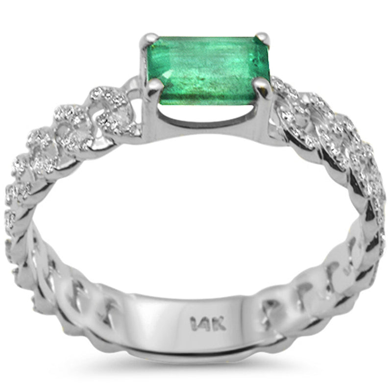 SPECIAL! .88ct G SI 14K White Gold Diamond & Emerald Gemstone Cuban Link Ring Size 6.5