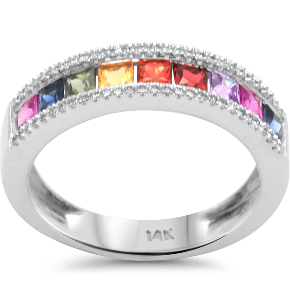 SPECIAL! 1.08ct G SI 14K White Gold Diamond & Multi Color Band Ring Size 6.5