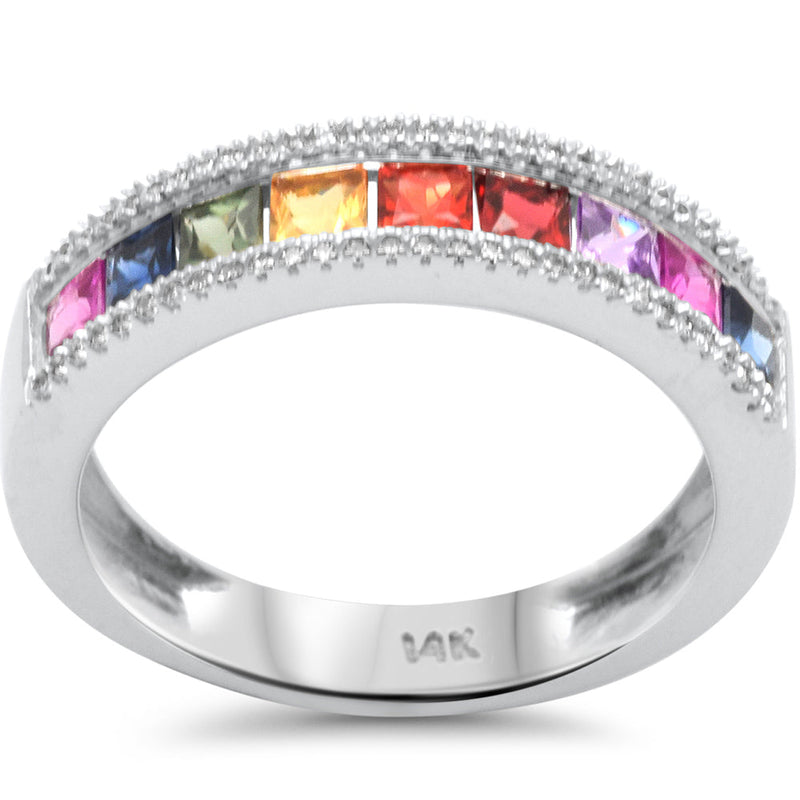 SPECIAL! 1.08ct G SI 14K White Gold Diamond & Multi Color Band Ring Size 6.5