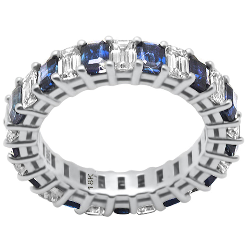 SPECIAL! 4.60ct F SI 18K White Gold Diamond & Blue Sapphire Eternity Ring Size 6.5