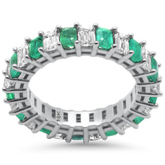 SPECIAL! 4.19ct F SI 18K White Gold Diamond & Natural Green Emerald Eternity Ring Size 6.5