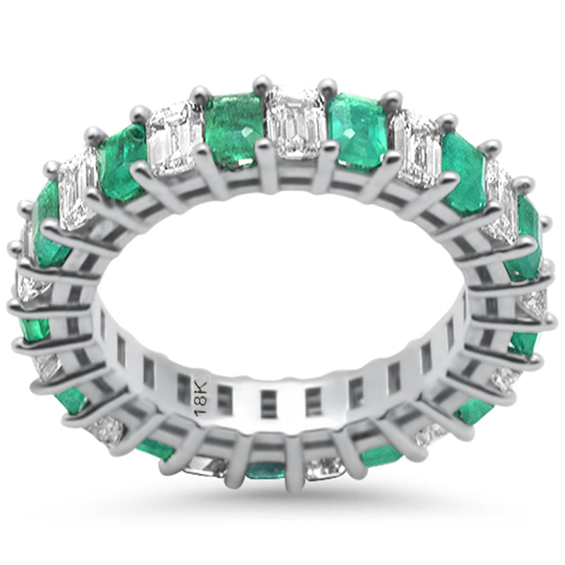 SPECIAL! 4.19ct F SI 18K White Gold Diamond & Natural Green Emerald Eternity Ring Size 6.5