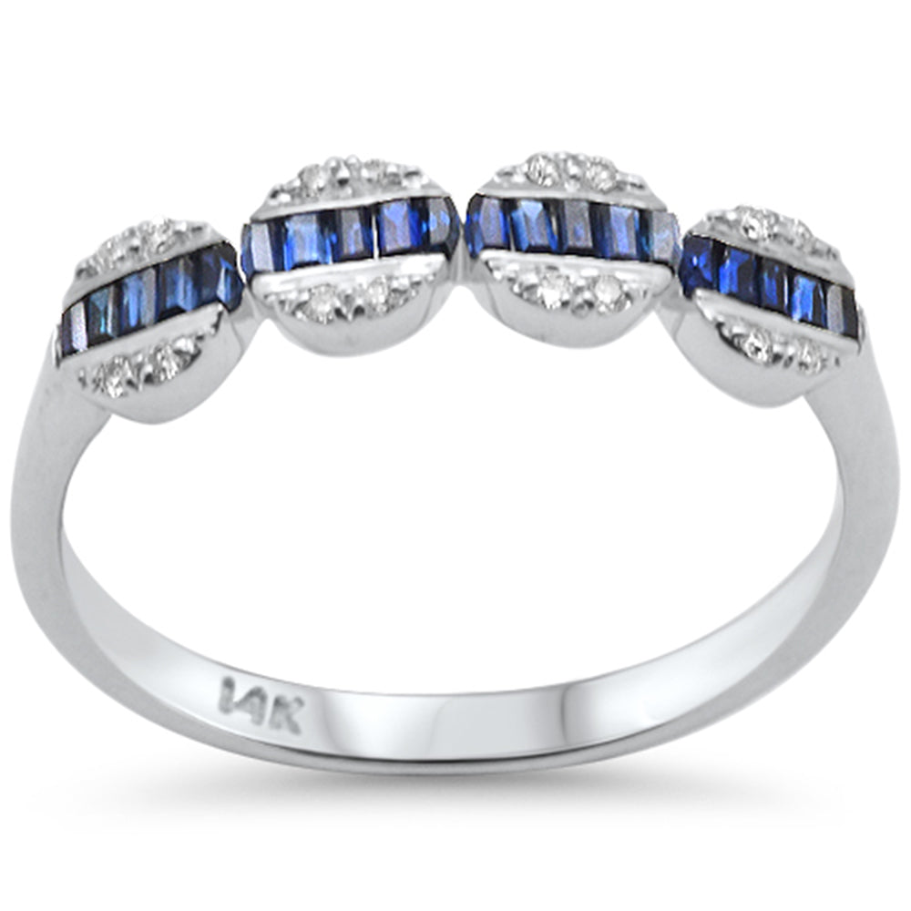 .35ct F SI 14K White Gold Round Diamond & Blue Sapphire Band Ring Size 6.5
