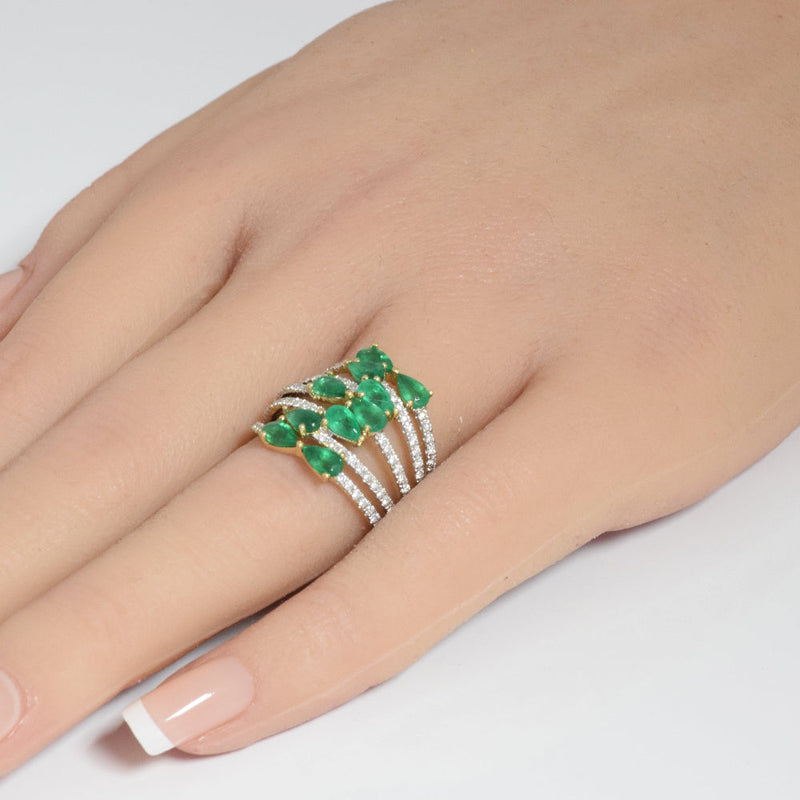 SPECIAL! 2.49ct G SI 14K Yellow Gold Diamond & Emerald Gemstones Wrap Around Band Ring Size 6.5