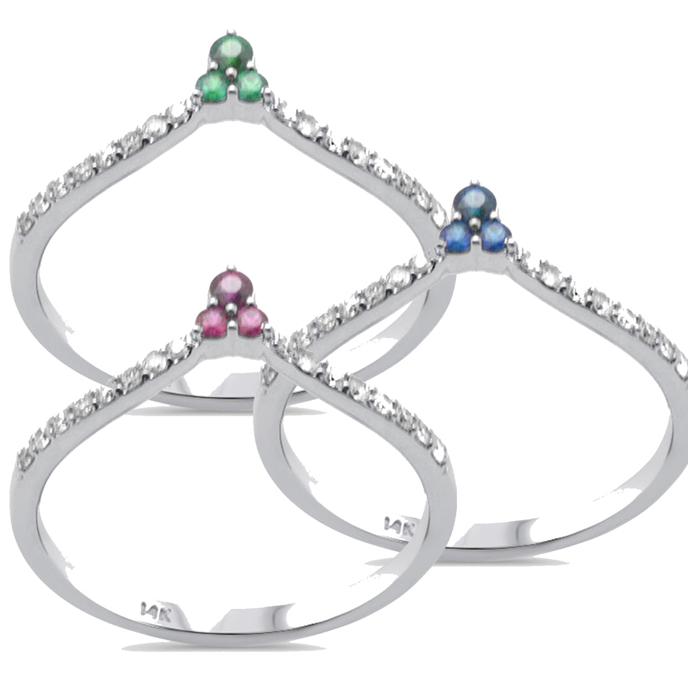 SPECIAL! .58ct G SI 14K White Gold 3pcs Diamond & Gemstones Band Ring Size 6.5