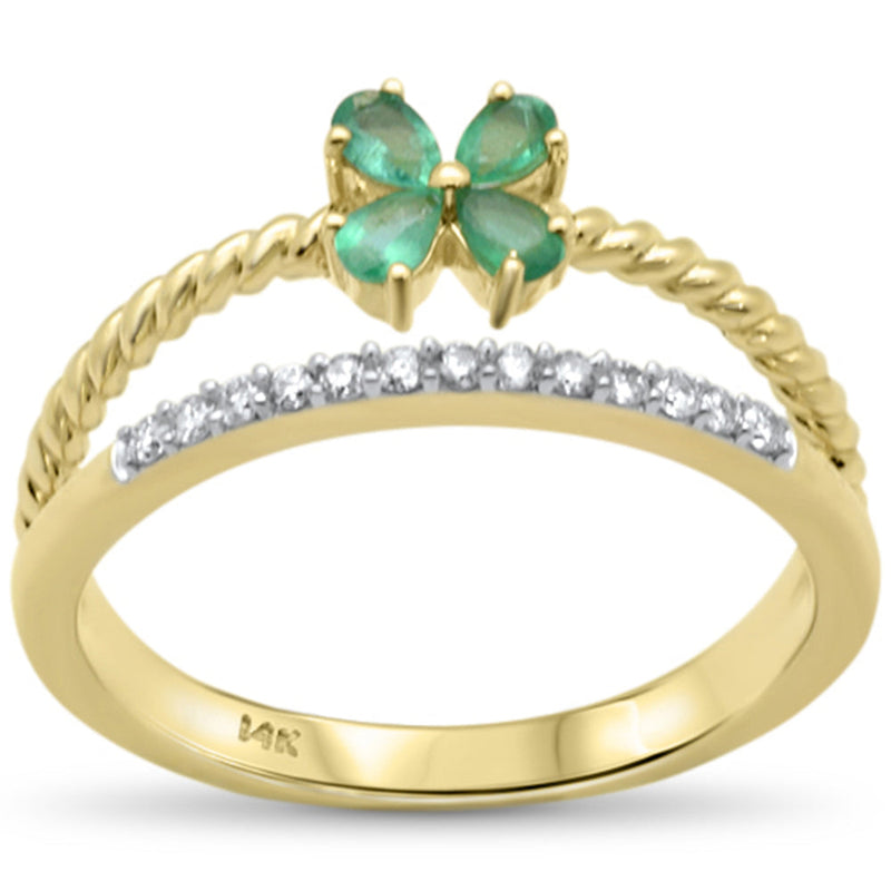 SPECIAL!.29ct G SI 14K Yellow Gold Diamond & Emerald Gemstone Flower Double Band Ring Size 6.5