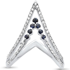 SPECIAL! .49ct G SI 14K White Gold Diamond & Blue Sapphire "V" Shaped Gemstone Band Ring  Size 6.5