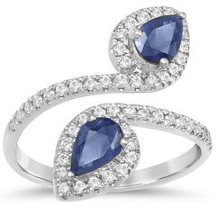 SPECIAL!1.49ct G SI 14K White Gold Diamond & Pear Shape Blue Sapphire Gemstones Wrap Around Ring Size 6.5