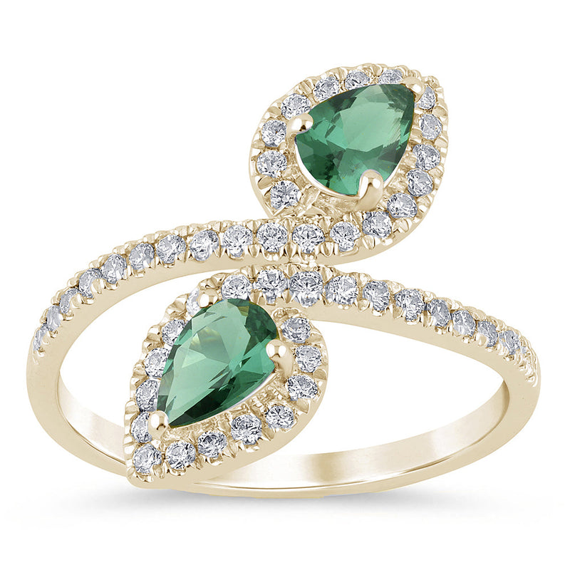 SPECIAL!1.13ct G SI 14K Yellow Gold Diamond & Pear Shape Emerald Gemstones Wrap Around Ring Size 6.5