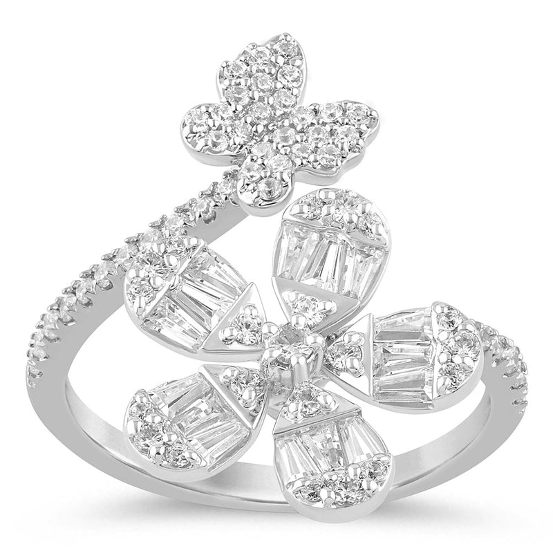 SPECIAL!.74ct G SI 14K White Gold Round & Baguette Diamond Flower Ring Size 6.5
