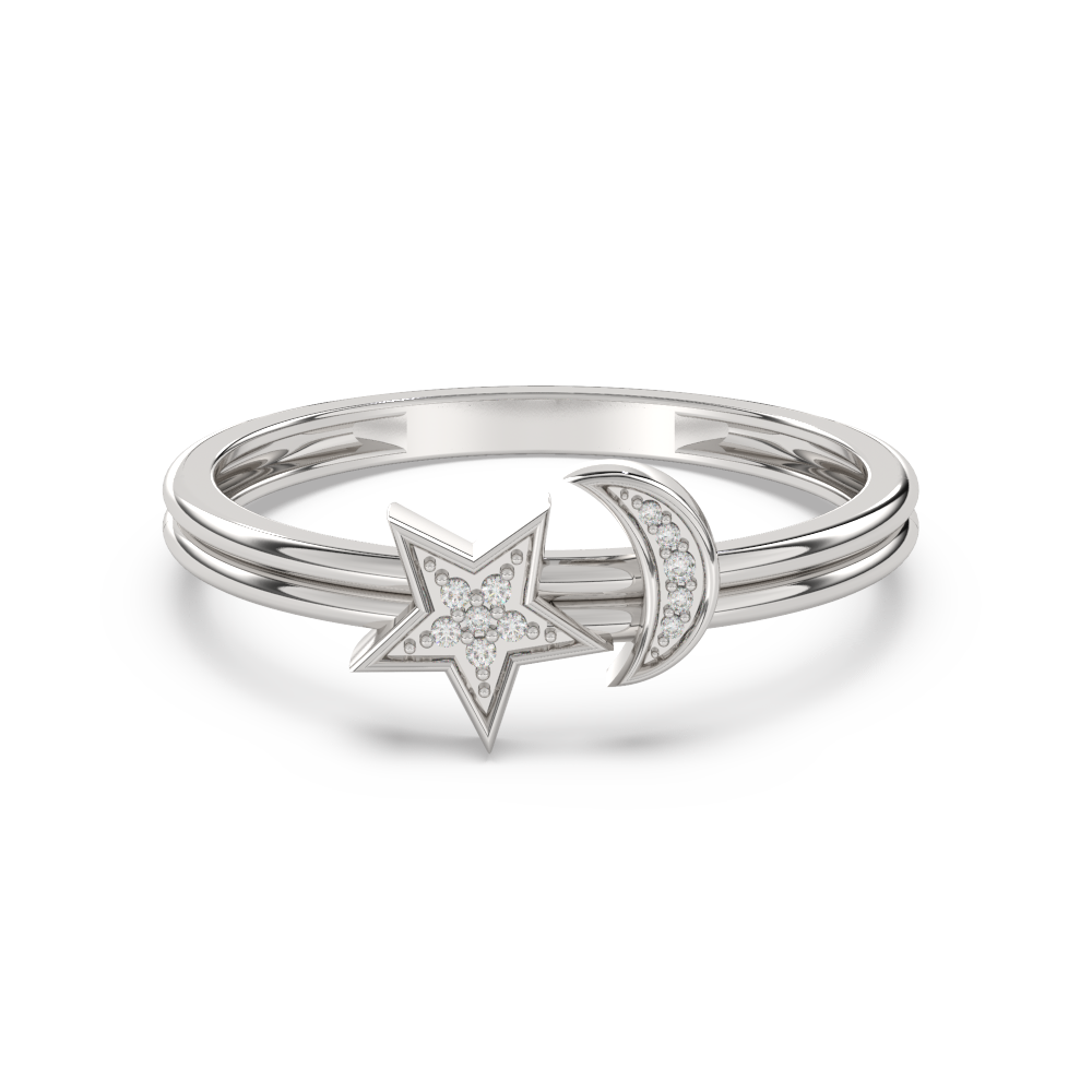 .03ct G SI 14K White Gold Diamond Half Moon & Star Band Ring Size 6.5