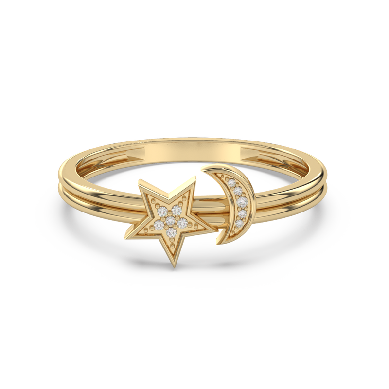 .03ct G SI 14K Yellow Gold Diamond Half Moon & Star Band Ring Size 6.5