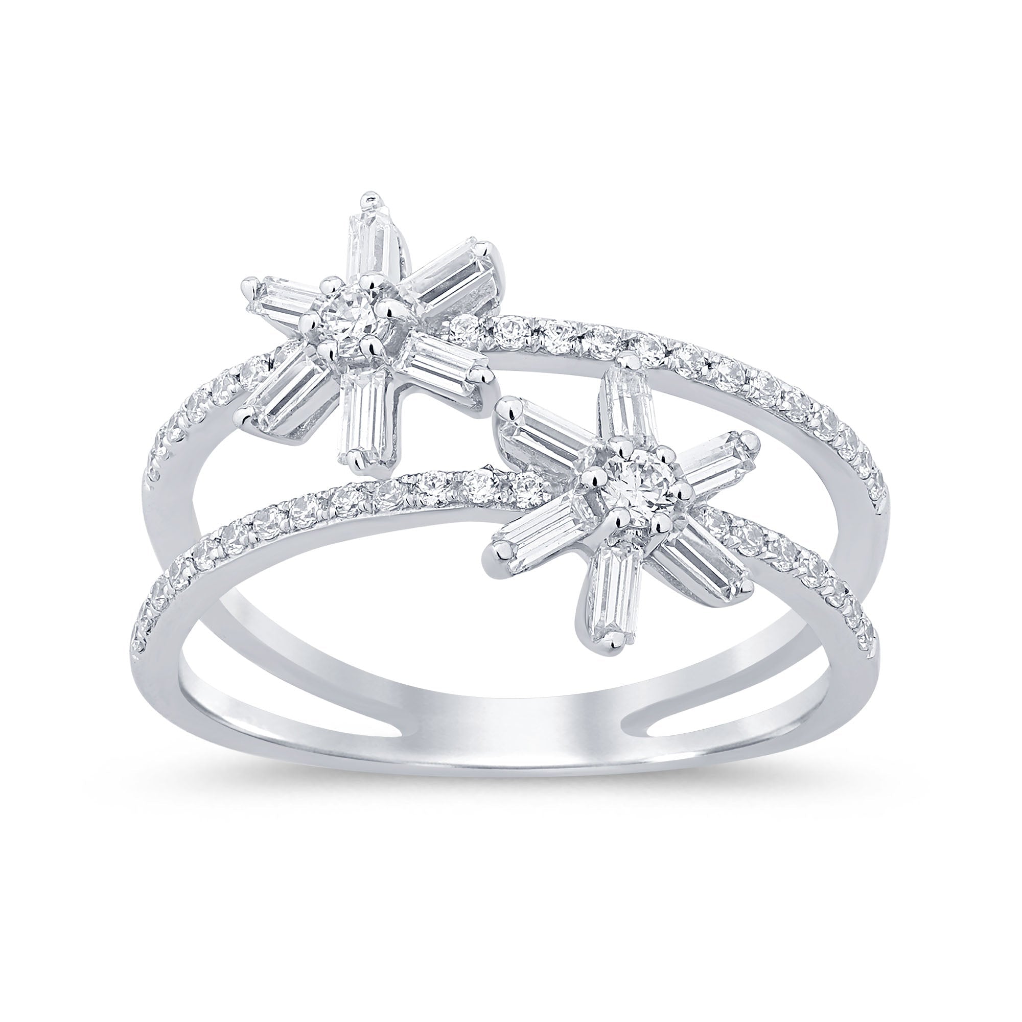 SPECIAL!.56ct G SI 14K White Gold Round & Baguette Diamond Double Open Shank Ring Size 6.5