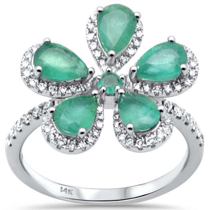 SPECIAL! 2.30ct G SI 14K White Gold Diamond & Emerald Gemstones Flower Ring Size 7