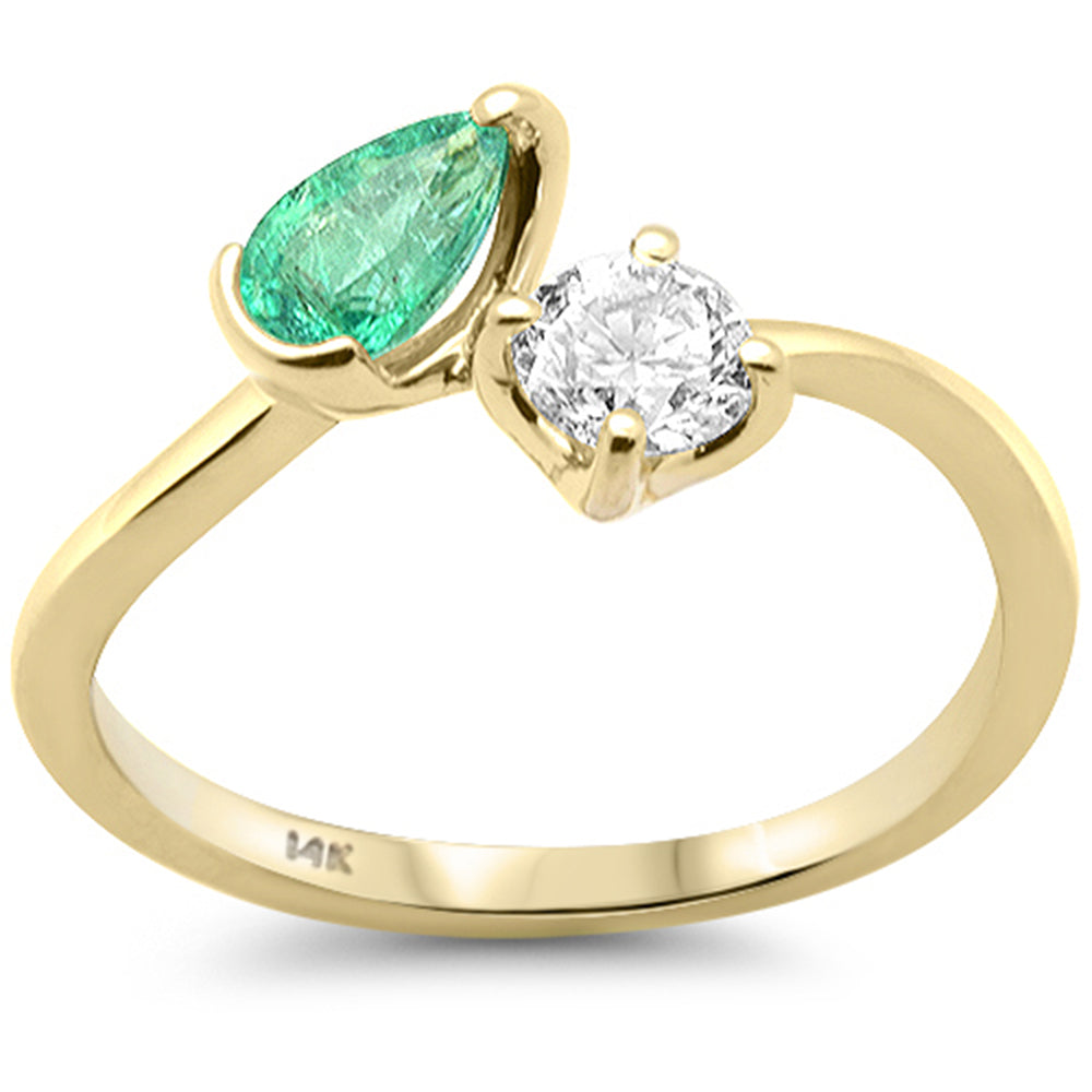 SPECIAL!.77ct G SI 14K Yellow Gold Pear Shape Natural Emerald Gemstone & Round Diamond Ring Size 6.5