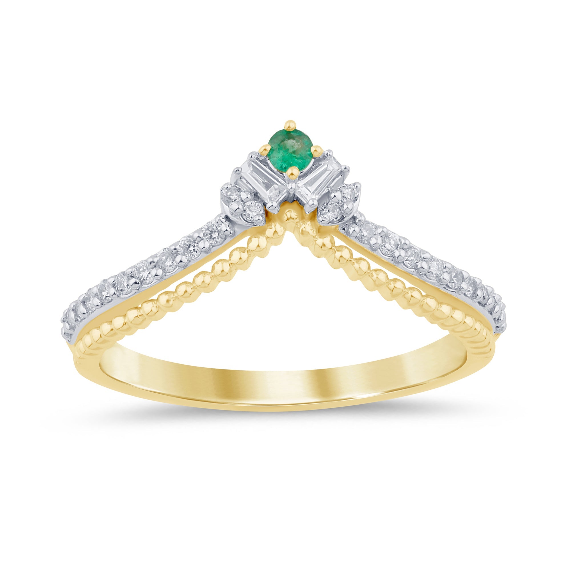 SPECIAL! .19ct G SI 14K Yellow Gold Diamond & Emerald Gemstone Beaded Chevron Ring Size 6.5