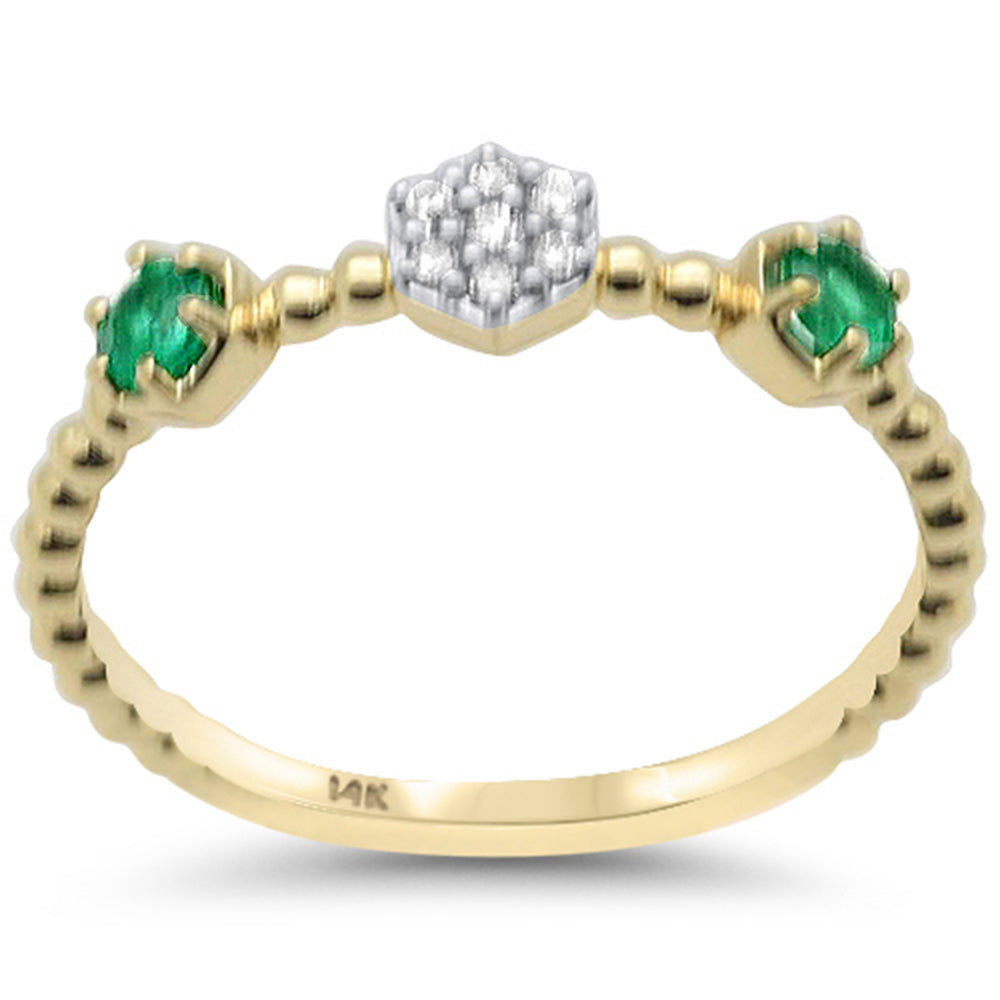 .24ct G SI 14K Yellow Gold Diamond & Emerald Gemstone Beaded Band Ring Size 6.5