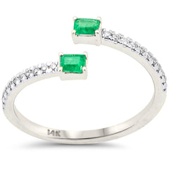 SPECIAL! .31ct G SI 14K White Gold Diamond & Emerald Gemstones Open Ring Size 6.5