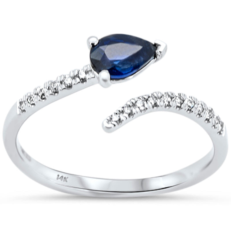 .56ct G SI 14K White Gold Pear Shape Diamond & Blue Sapphire Gemstones Open Ring Size 6.5