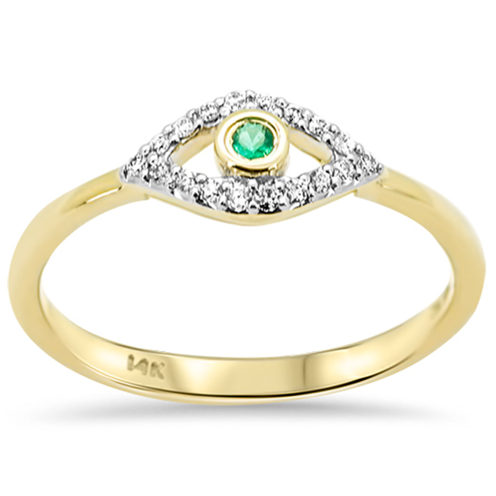 SPECIAL!.10ct G SI 14K Yellow Gold Diamond & Emerald Gemstone Evil Eye Band Ring Size 6.5