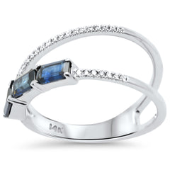 SPECIAL! .94ct G SI 14K White Gold Round Diamond & Blue Sapphire Gemstone Double Shank Band Ring Size 6.5