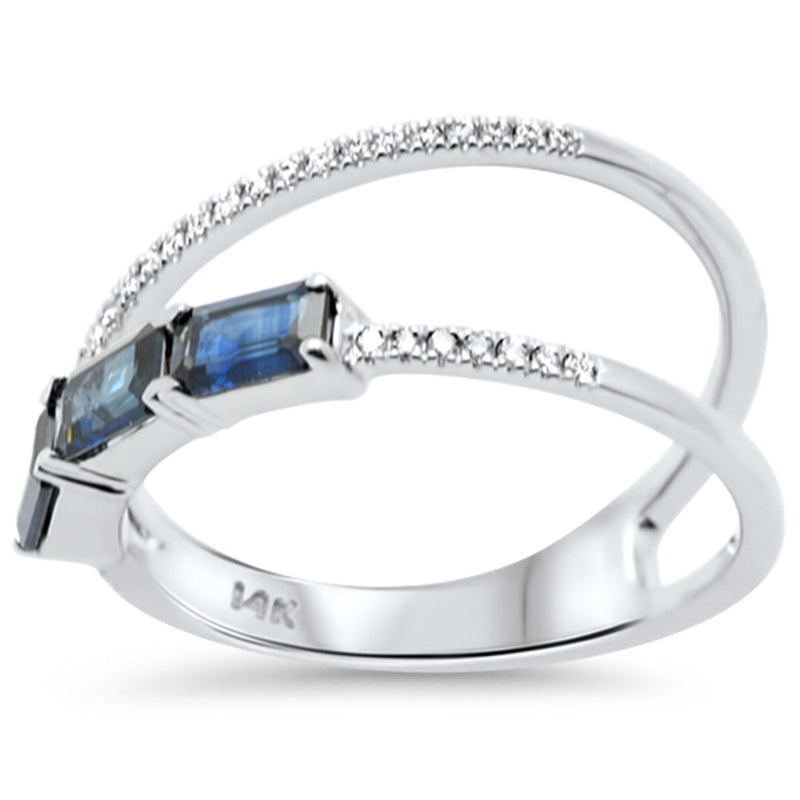 SPECIAL! .94ct G SI 14K White Gold Round Diamond & Blue Sapphire Gemstone Double Shank Band Ring Size 6.5