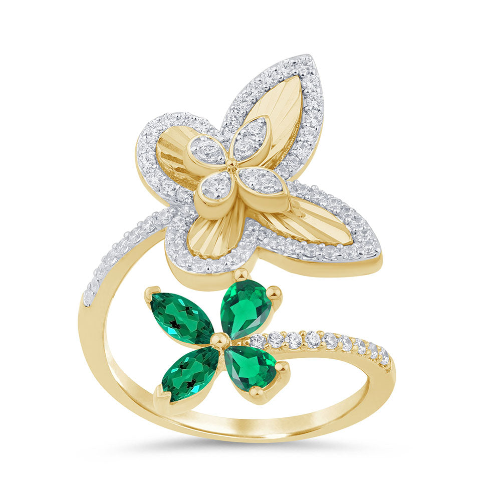 SPECIAL! .91ct G SI 14K Yellow Gold Diamond & Emerald Gemstone Butterfly Ring Size 6.5