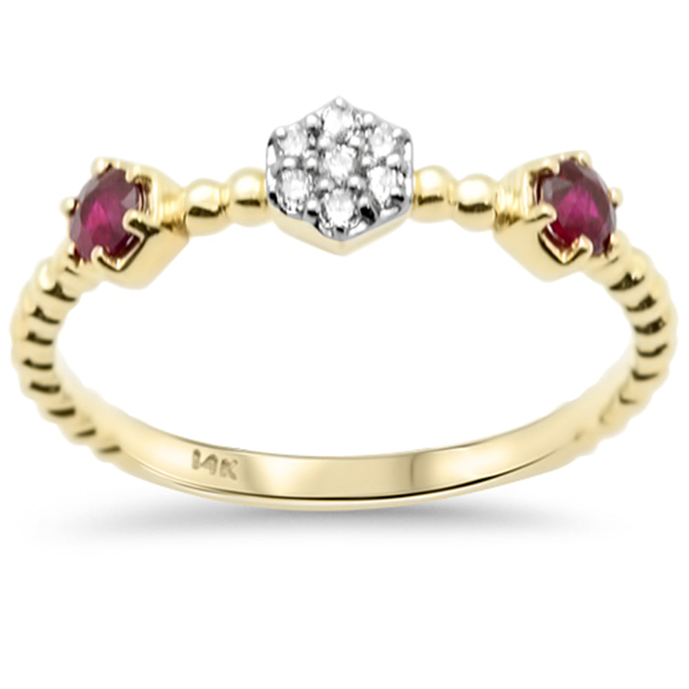 .27ct G SI 14K Yellow Gold Diamond & Ruby Gemstone Beaded Ring Band Size 6.5