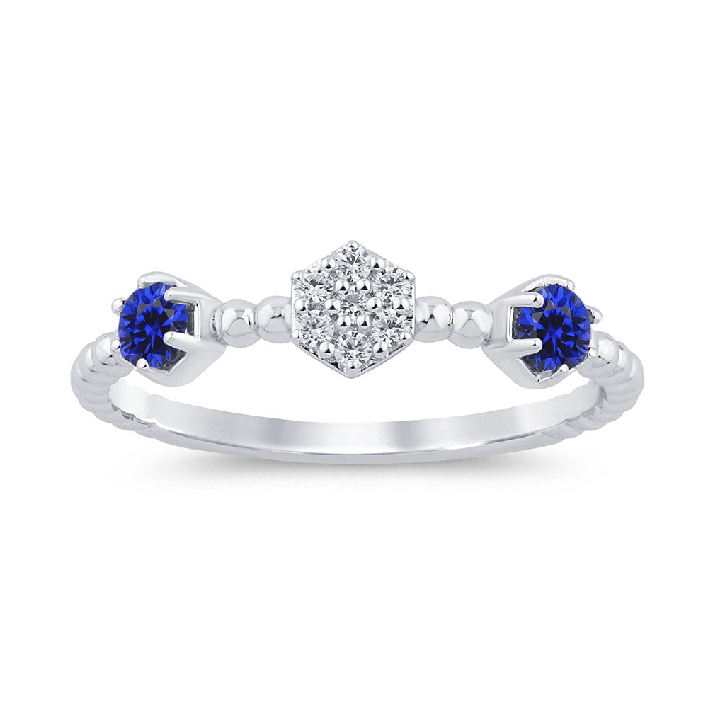 .26ct G SI 14K White Gold Diamond & Blue Sapphire Gemstone Beaded Ring Band Size 6.5