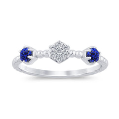 .26ct G SI 14K White Gold Diamond & Blue Sapphire Gemstone Beaded Ring Band Size 6.5