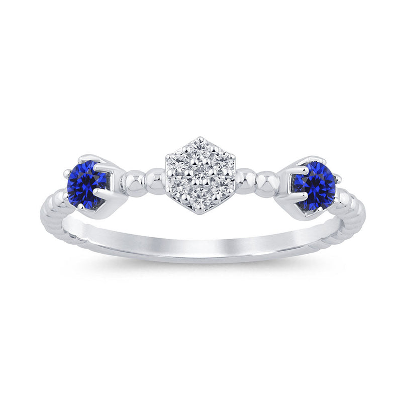 .26ct G SI 14K White Gold Diamond & Blue Sapphire Gemstone Beaded Ring Band Size 6.5