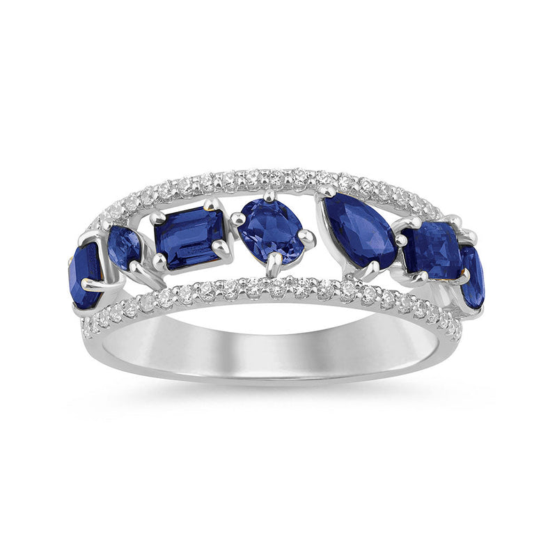 SPECIAL!1.64ct G SI 14K White Gold Diamond & Multi Shape Blue Sapphire Gemstone Ring Band Size 6.5