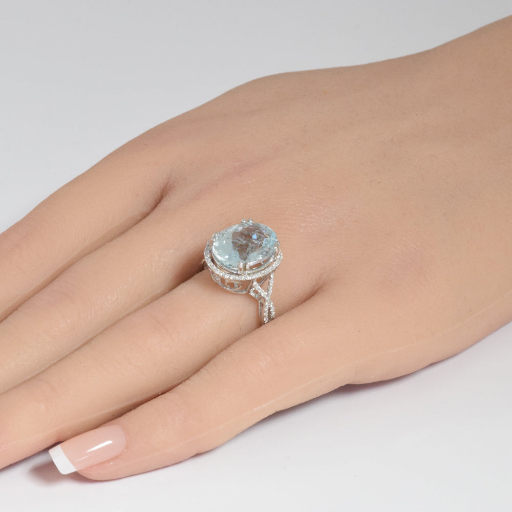 SPECIAL!6.21ct G SI 14K White Gold Diamond & Oval Shape Aquamarine Gemstone Ring Size 6.5
