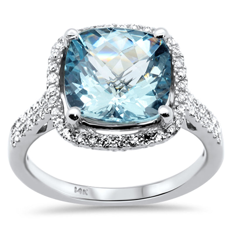 SPECIAL!4.07ct G SI 14K White Gold Diamond & Cushion Shape Aquamarine Gemstone Ring Size 6.5