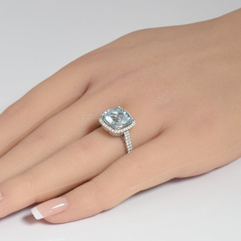 SPECIAL!4.07ct G SI 14K White Gold Diamond & Cushion Shape Aquamarine Gemstone Ring Size 6.5