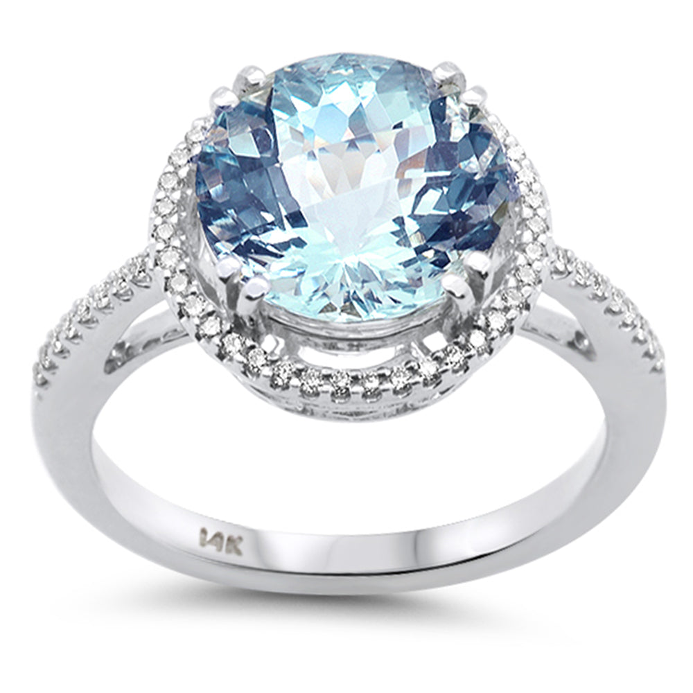 SPECIAL!3.45ct G SI 14K White Gold Diamond & Round Shape Aquamarine Gemstone Halo Ring Size 6.5